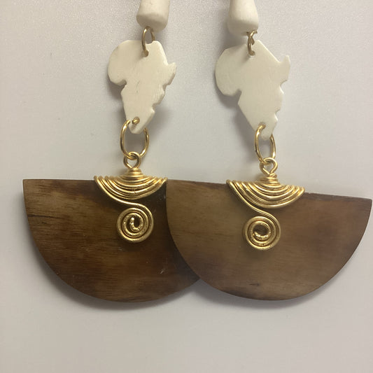 African map Brown half circle bone wrapped in brass earrings.