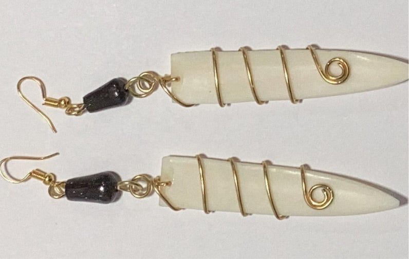 Off white bone wrapped in brass earrings.