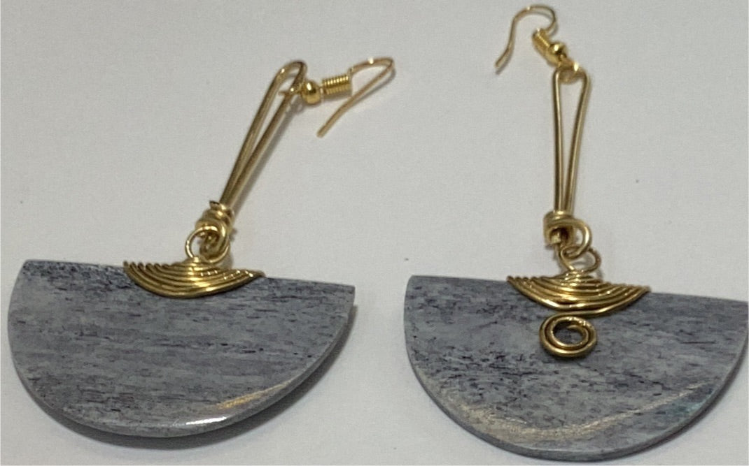 Gray half circle bone wrapped in brass earrings.