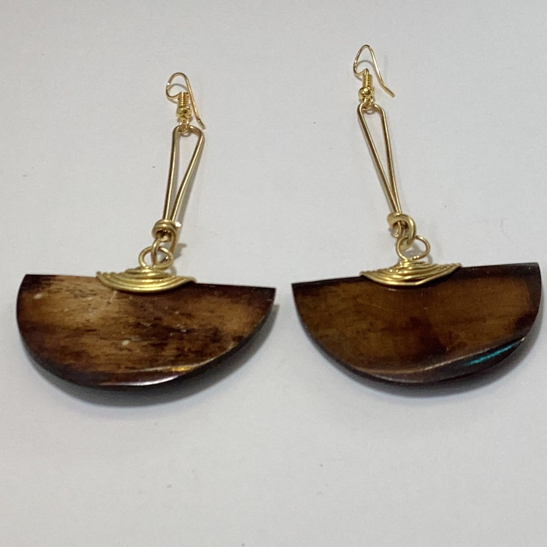 Brown half circle bone wrapped in brass earrings.