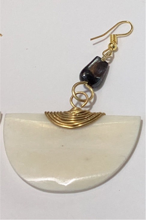 Off. White half circle bone wrapped in brass earrings.