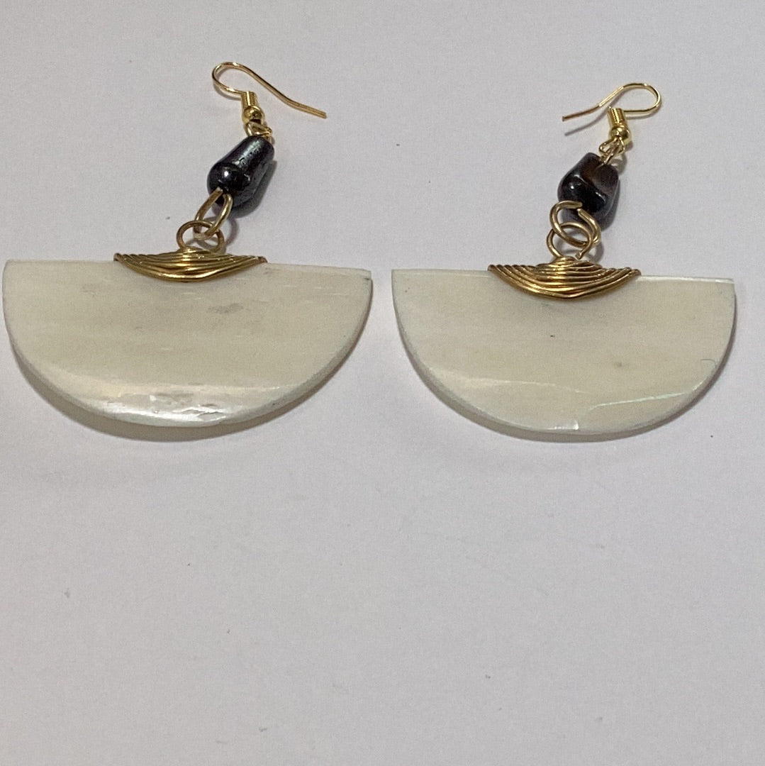 Off. White half circle bone wrapped in brass earrings.