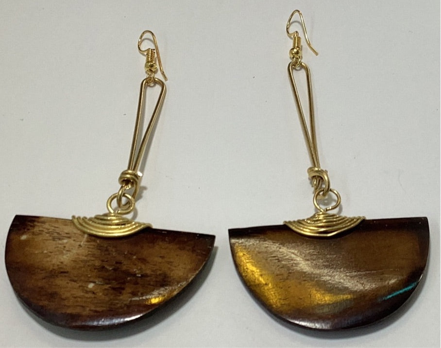 Brown half circle bone wrapped in brass earrings.