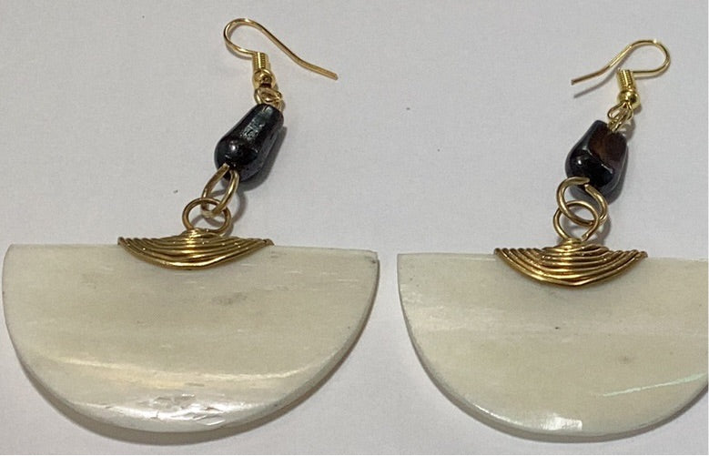 Off. White half circle bone wrapped in brass earrings.